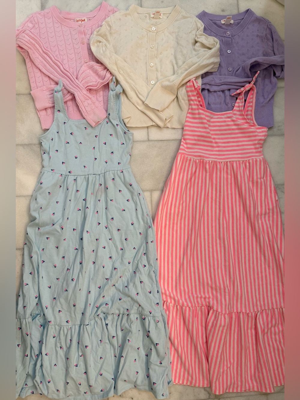 Cat & Jack Girls 2 sundress dress & 3 cardigan bundle.